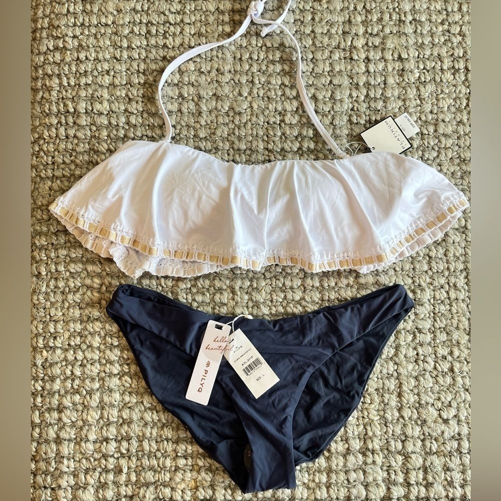 Nwt Anthropologie Pilyq Ruched Navy White Ruffle Crochet Strapless Swim Bikini